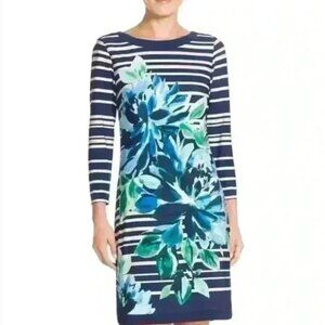Vince Camuto Navy Striped / Green Floral A-Line Shift Dress – Sz 0P (Petite)